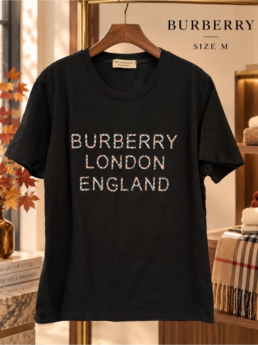 Burberry Black Short-Sleeve Logo Tee with Check Lettering - Size M